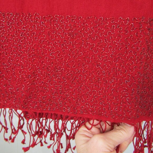 Scarlet Red Armand Diradourian Pashmina & Silk Beaded Scarf w/Fringe--36" X 87" - Picture 4 of 6